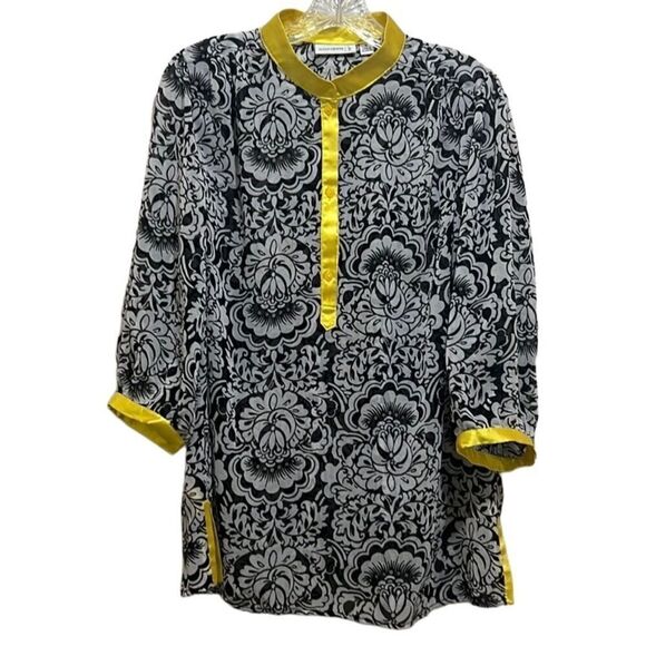 Susan Graver top mandarin floral 3/4 sleeves sheer black white yellow Medium - Picture 1 of 6